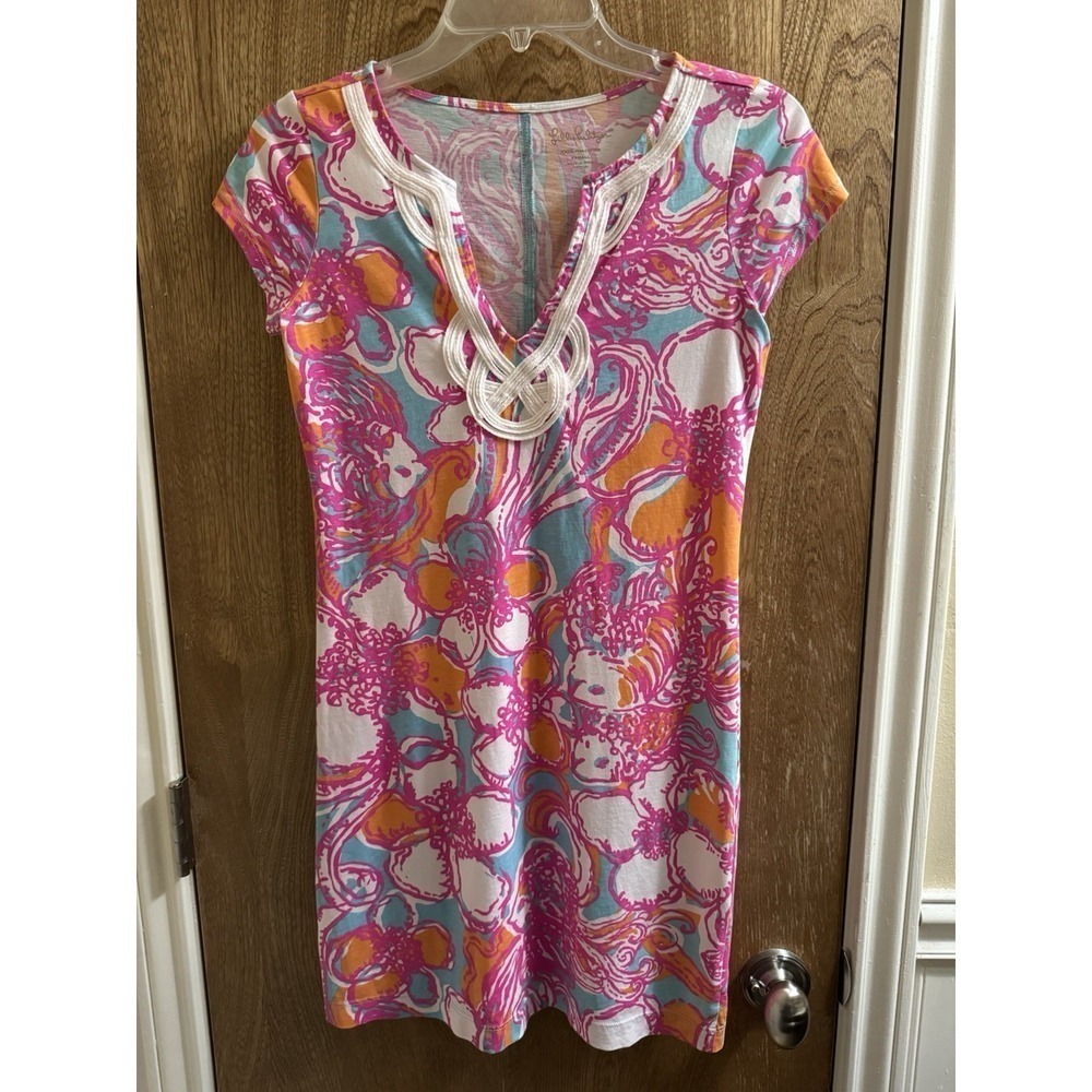 Lilly Pulitzer Women Floral Coral T-shirt V-neck Shift Dress Pink Blue Orange XS
